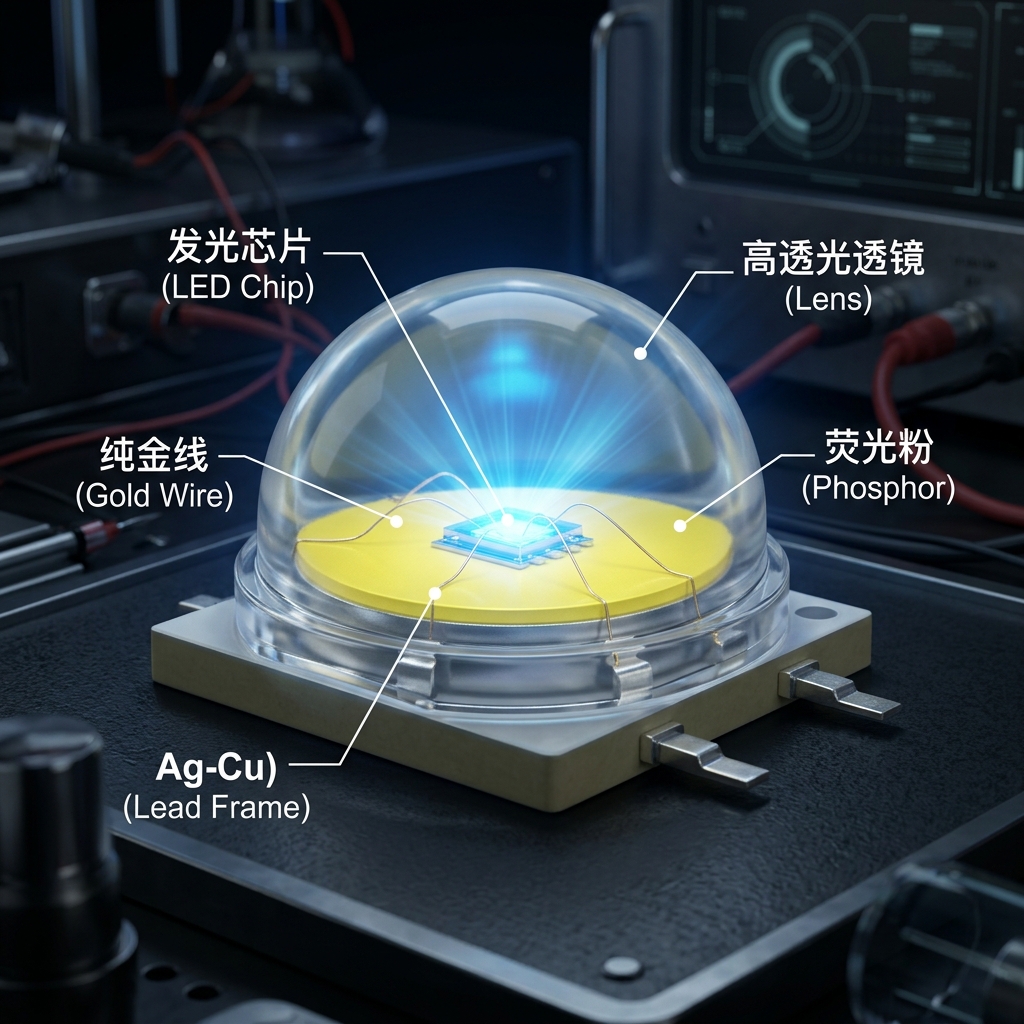 LED灯珠内部结构3D剖析图，展示了发光芯片、纯金线、荧光粉和高透光透镜等关键组成部分