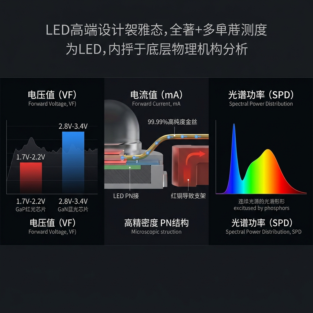 LED底层物理机制3D示意图，解析正向电压VF、正向电流IF和光谱功率SPD如何协同决定光子释放与发光特性，对比GaP与GaN材料电压需求，并展示金线与紫铜支架的热管理