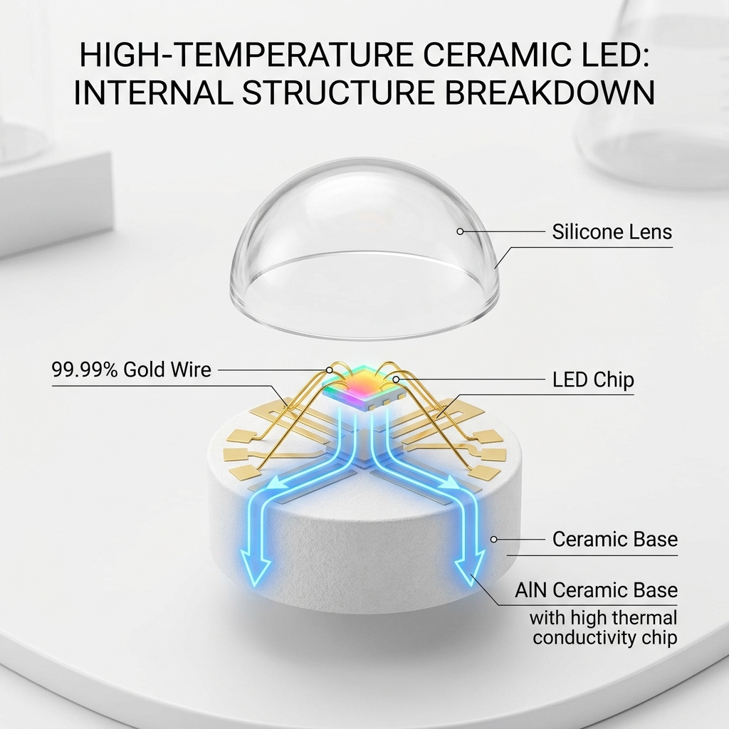 耐高温陶瓷灯珠内部结构拆解图:展示高强度陶瓷底座、发光芯片、纯金导线和耐热硅胶保护层。
