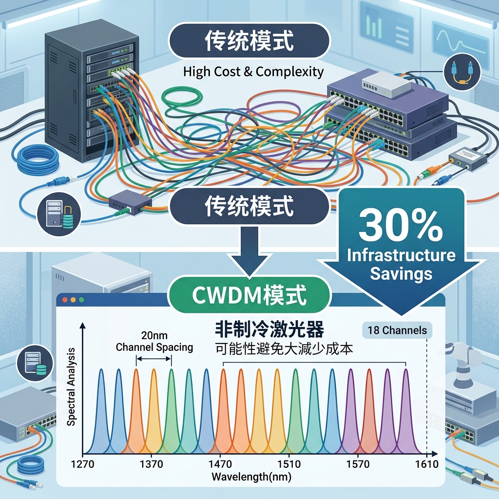 CWDM彩光传输与传统模式对比图，清晰展示18个波长通道及20nm通道间距，突出非制冷激光器带来的成本优势