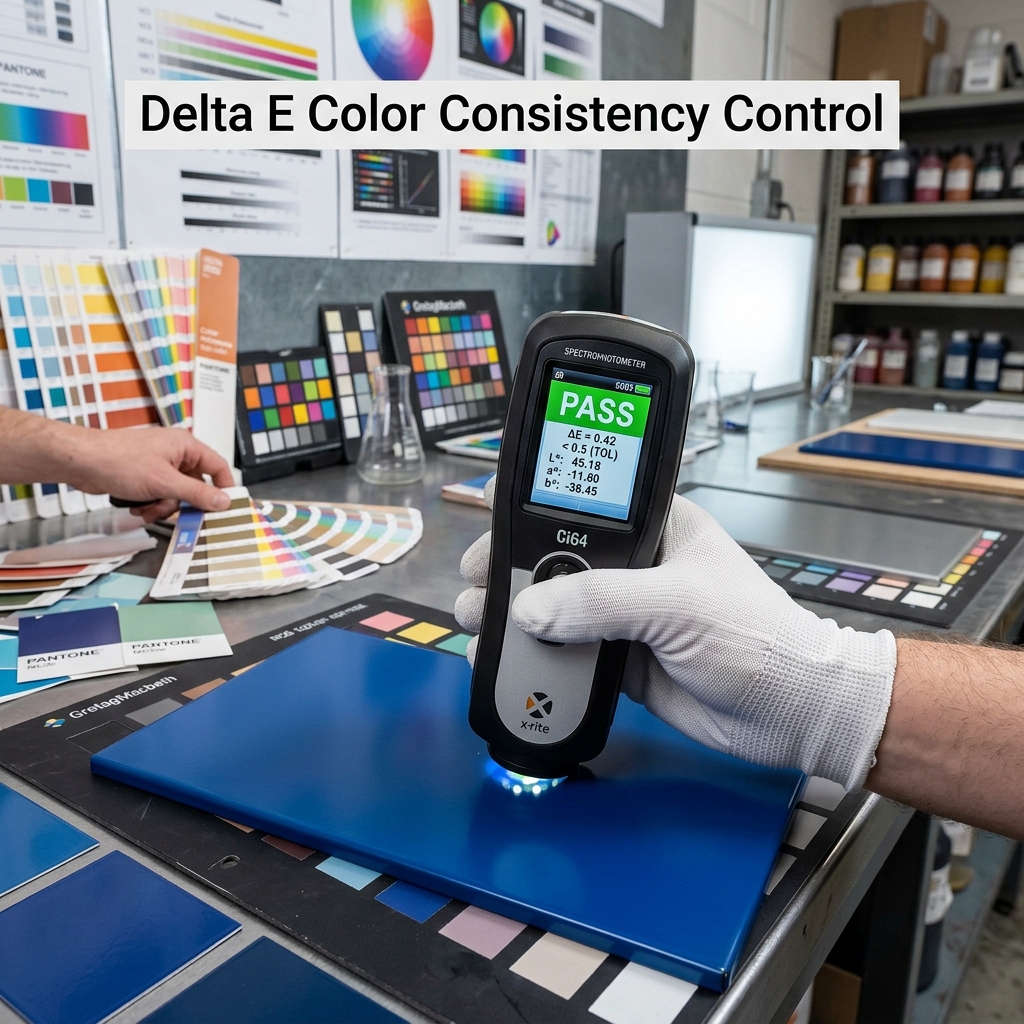 工业实验室中，工程师使用分光测色仪检测RAL 7035涂层样板的Delta E色差，确保色彩一致性。