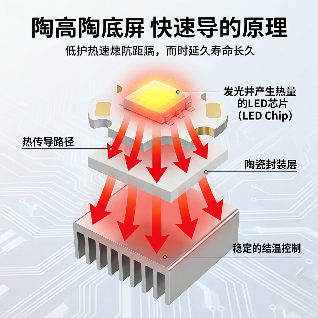 超高压陶瓷灯珠的工作原理图，展示热量从LED芯片通过陶瓷基座快速导热至散热板，实现稳定的结温控制。