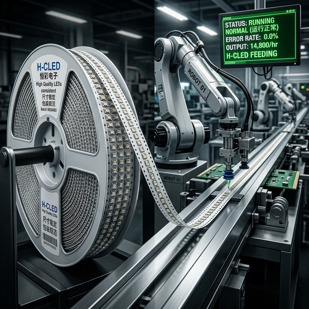 恒彩电子优质一致的LED灯珠编带卷盘，确保机器人供料顺畅，突显灯珠品质对自动化效率的关键影响。