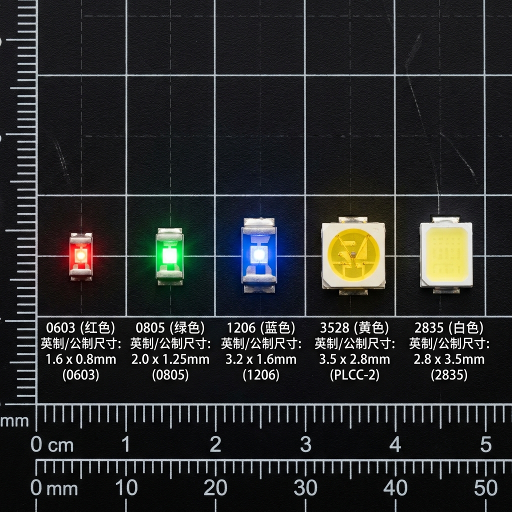 常见贴片指示灯型号0603、0805、1206、3528、2835的尺寸对比图，展示不同封装尺寸的LED灯珠及其对应规格，辅助理解文章中的型号总表。