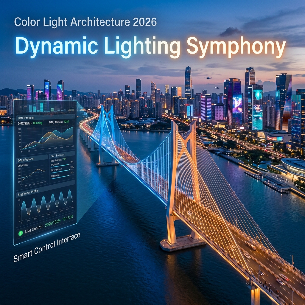 2026年智慧城市与建筑亮化的未来感横幅,展示一座跨海大桥通过DMX/DALI智能控制系统,将灯光从深海蓝平滑过渡到温暖橘黄,体现彩光架构作为动态视觉艺术与空间情感表达的核心。