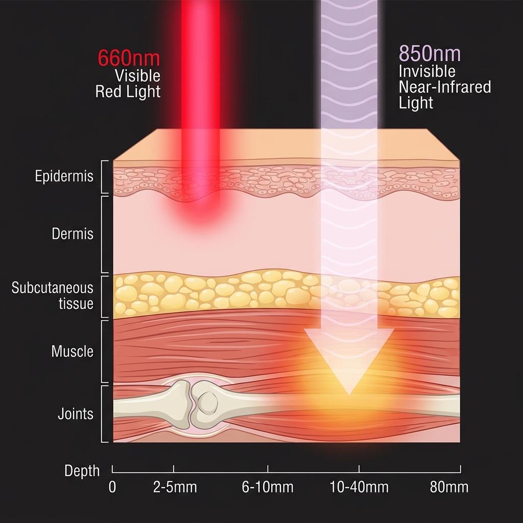 660nm红光与850nm近红外光在人体皮肤及肌肉组织中不同穿透深度的对比图