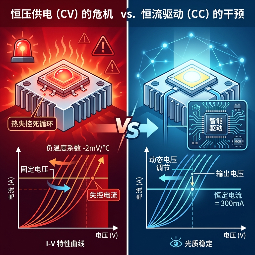 恒压供电（CV）与恒流驱动（CC）对比图。左侧展示恒压供电下LED负温度系数导致的热失控与电流飙升；右侧展示恒流驱动如何通过动态电压调节，稳定电流并抑制热失控，确保光质稳定。