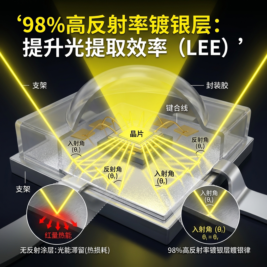 LED支架内部剖视图，展示光线从芯片射向98%高反射率镀银层，通过镜面反射大幅提升光提取效率。
