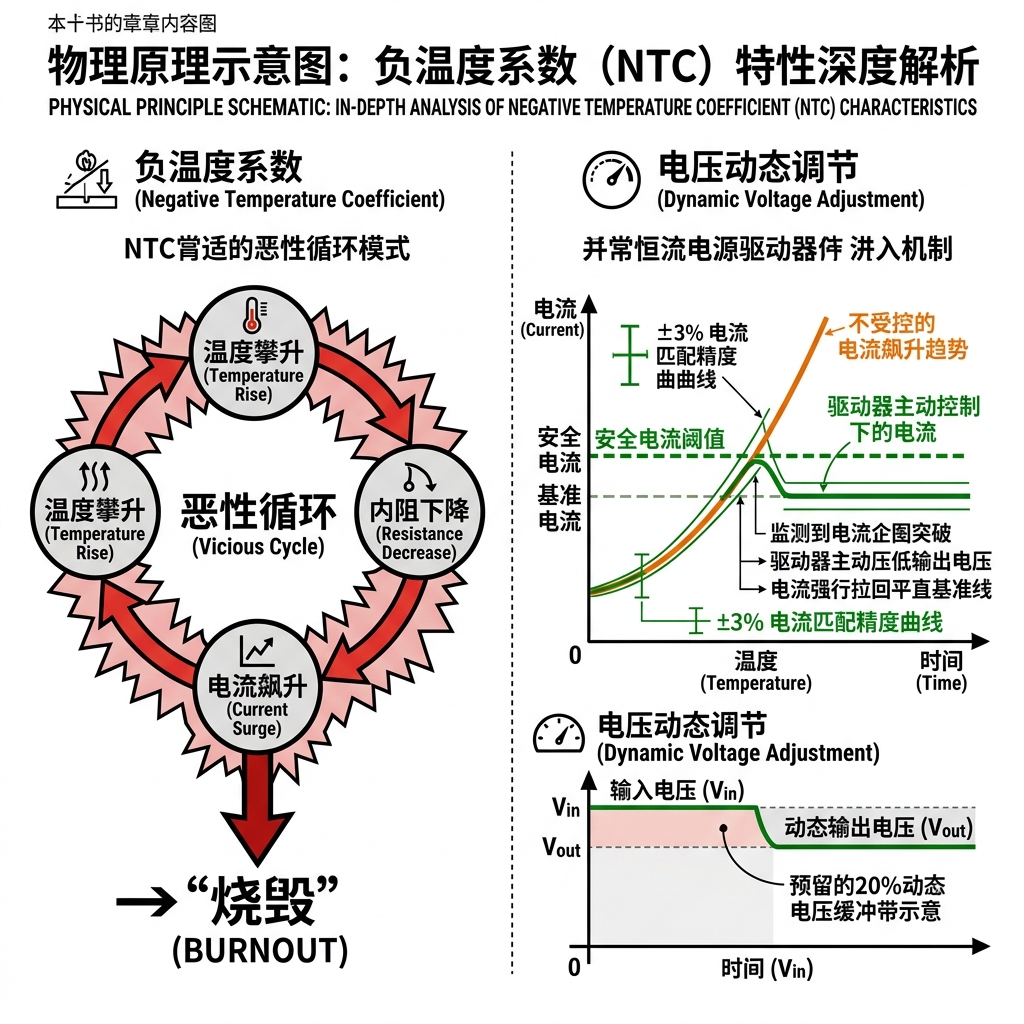 一张示意图，详细解释LED负温度系数导致热失控的恶性循环，并展示恒流源如何通过动态电压调节将电流稳定在安全阈值，防止烧毁。