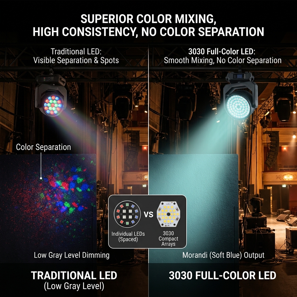 对比图展示传统LED在低灰度调光时色彩分离（左）与3030全彩LED在舞台洗墙灯应用中实现的平滑、无色差的莫兰迪色系混色效果（右）。