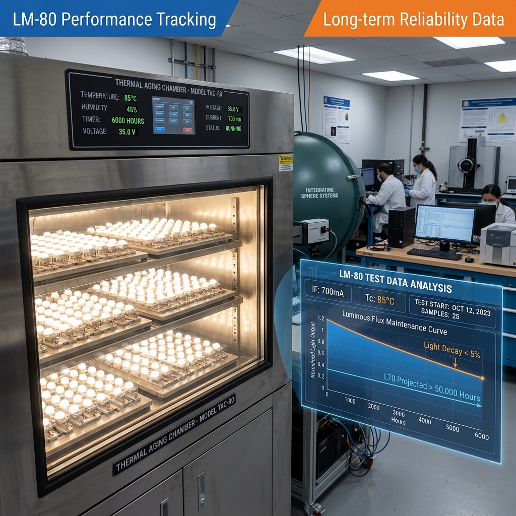展示LM-80测试的专业实验室场景：一个恒温老化箱内陶瓷灯珠样品正在85°C下连续点亮，屏幕显示6000小时计时，并配有数据看板显示光通量维持率曲线、光衰率小于5%及L70寿命超过50,000小时，体现长期可靠性数据追踪。