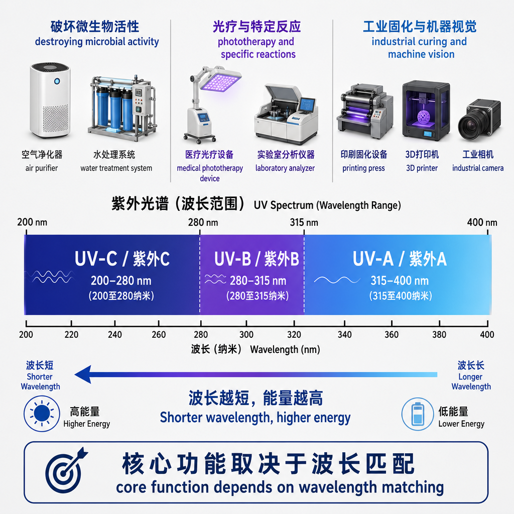 一张详细的UV波段对比科学示意图，展示UV-C（杀菌净化）、UV-B（医疗科研）和UV-A（工业固化、机器视觉）的波长范围及主要应用。