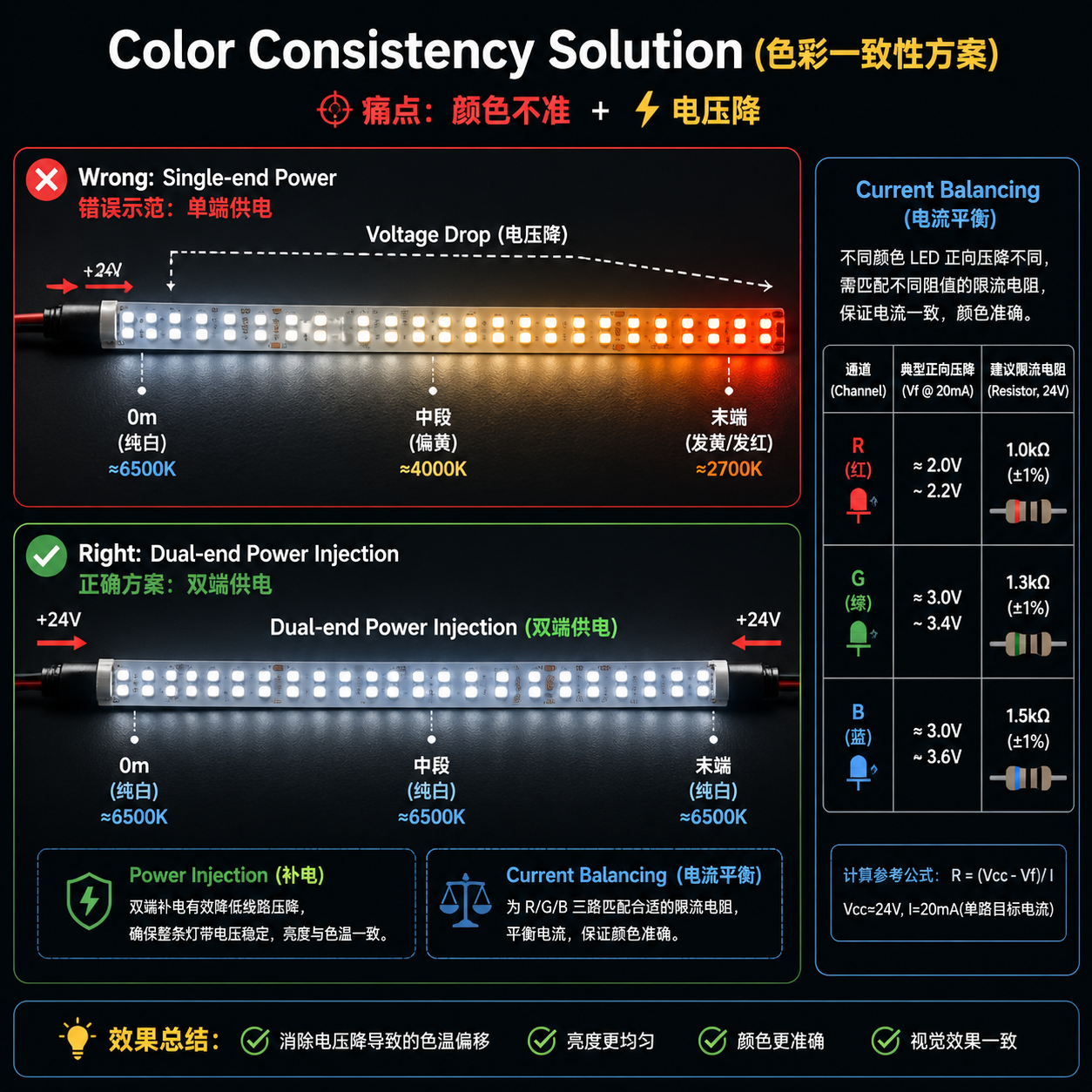 RGB灯带颜色一致性解决方案，对比单端供电的压降偏色与双端供电的色彩稳定效果，并示意电流平衡。
