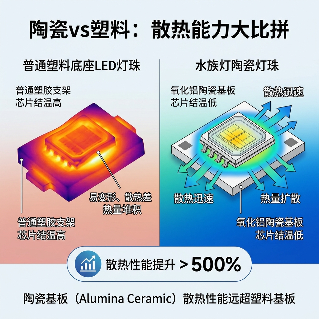 对比图展示了陶瓷LED灯珠与普通塑料LED灯珠的散热差异,陶瓷底座散热性能提升500%以上,有效避免热量堆积,延长灯珠寿命