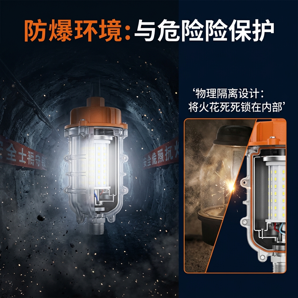 防爆灯在危险矿井中的应用示意图，展示其物理隔离设计如何将电火花锁在内部，避免引爆易燃气体，与普通灯具产生火花的危险形成对比。