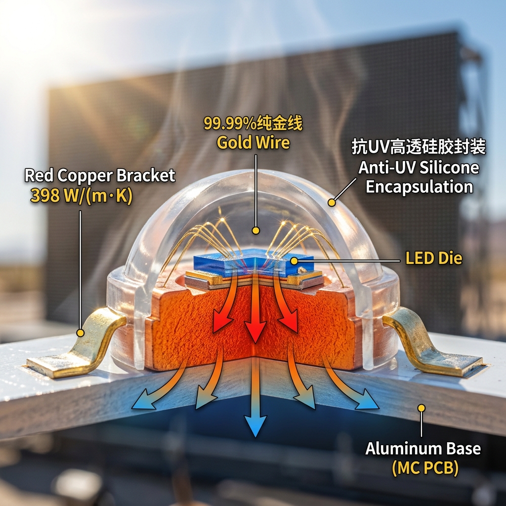 5054灯珠高纯度紫铜支架与金线内部结构剖析，展示其在户外高温场景下的高效散热机制和材料保障。