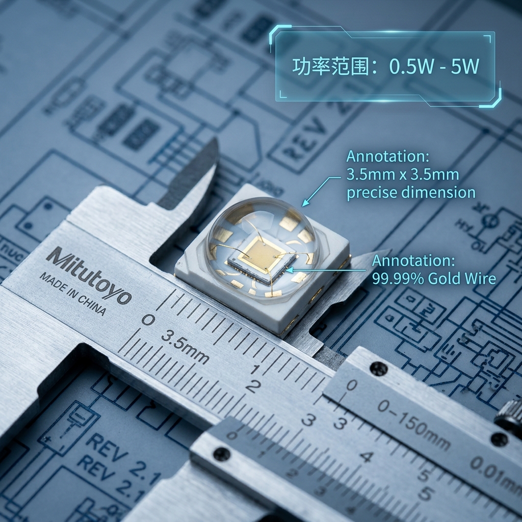 国产3535 LED灯珠特写，展示其3.5mm x 3.5mm尺寸、内部金线和陶瓷基板，并标注功率范围0.5W-5W，呼应文章开篇。