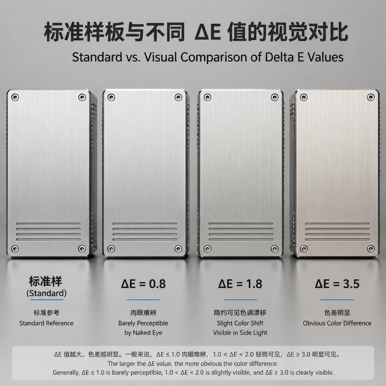 标准样板与不同 ΔE 值金属件的视觉对比，展示了不同色差程度的肉眼感知效果