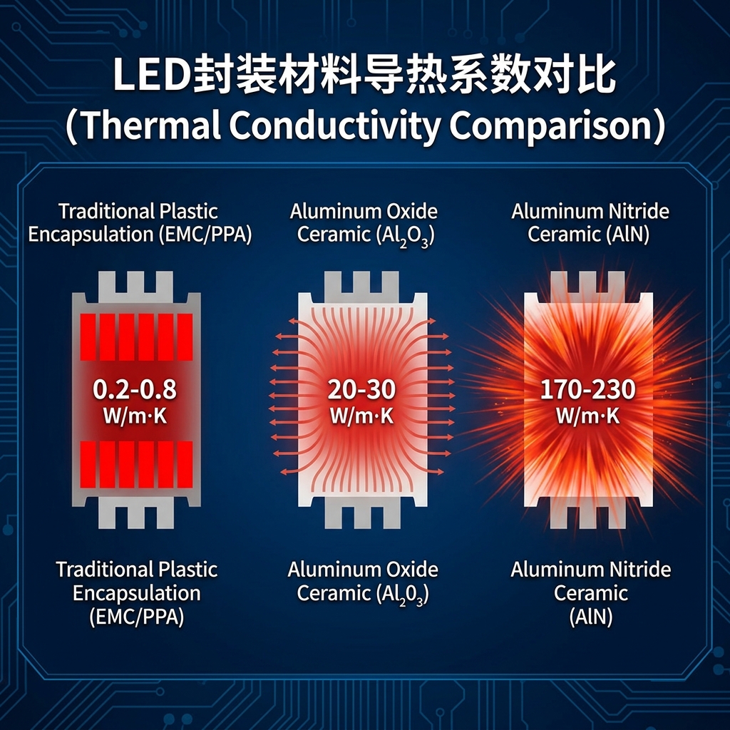 LED封装材料导热系数对比:传统塑料、氧化铝陶瓷与氮化铝陶瓷的热传导效率差异图