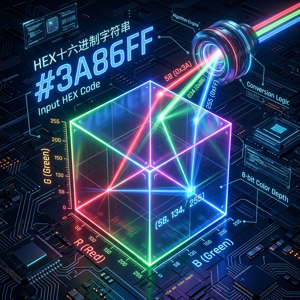 一张技术原理图，以透明几何立方体代表RGB色彩空间，演示HEX十六进制色号（如#3A86FF）如何被分解为红、绿、蓝三色通道的强度值，具象化了色彩转换的底层逻辑和8位色深原理。