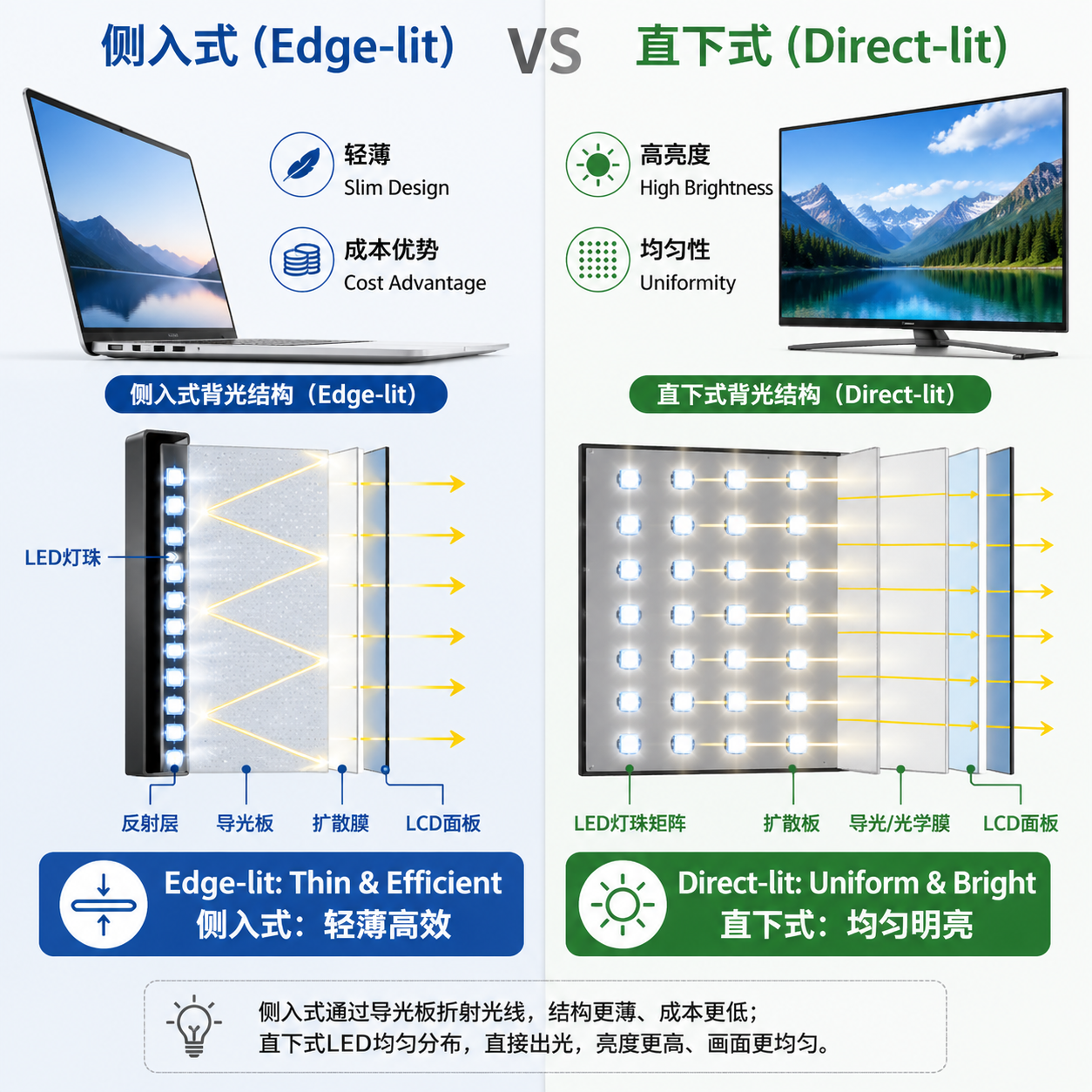 侧入式与直下式WLED背光结构对比图，展示侧入式（轻薄）和直下式（均匀高亮）两种LED排列方式。