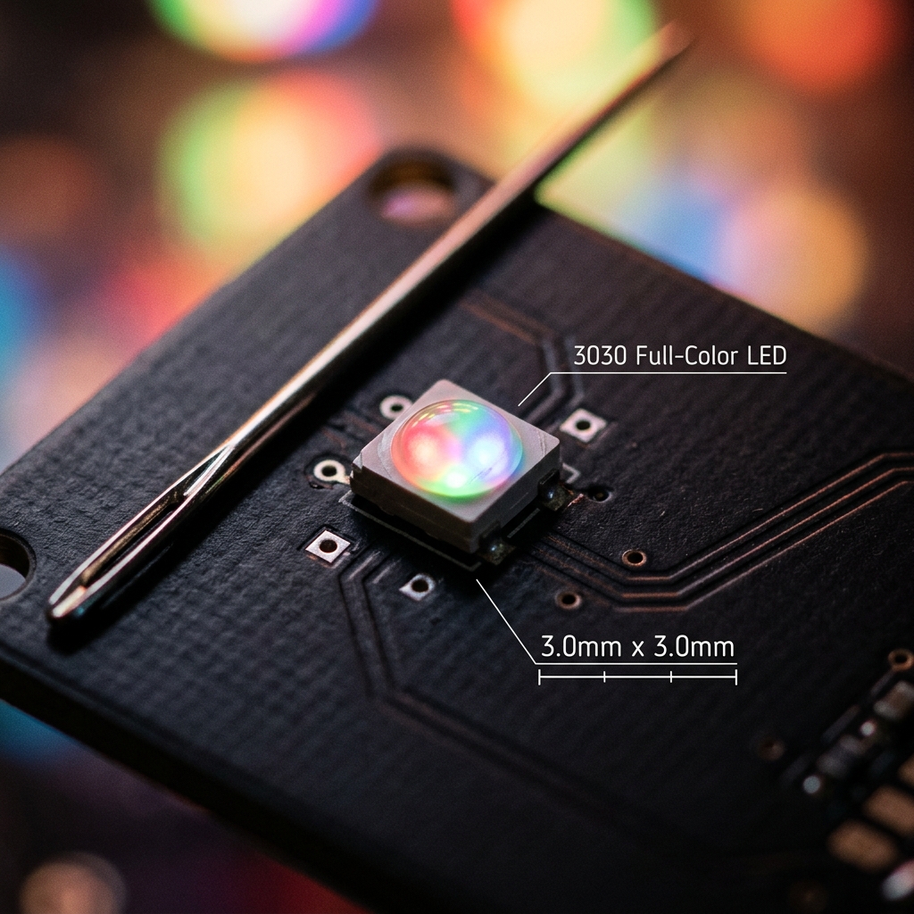微距特写：一颗3.0mm x 3.0mm的3030全彩LED灯珠在PCB板上发出红绿蓝交织光芒，旁边有米粒作大小参照，突出其小巧与全彩特性
