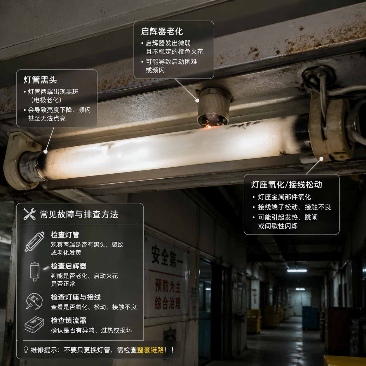 老旧荧光灯系统常见故障检修场景图，显示灯管黑头、启辉器火花和灯座氧化等问题。