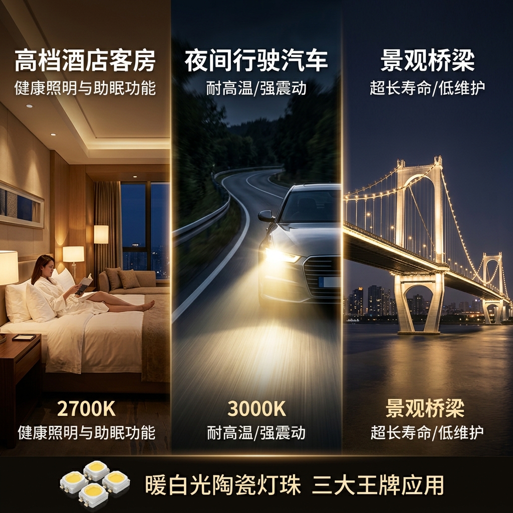 暖白光陶瓷灯珠在高端酒店、汽车车灯及户外桥梁照明的三大应用场景