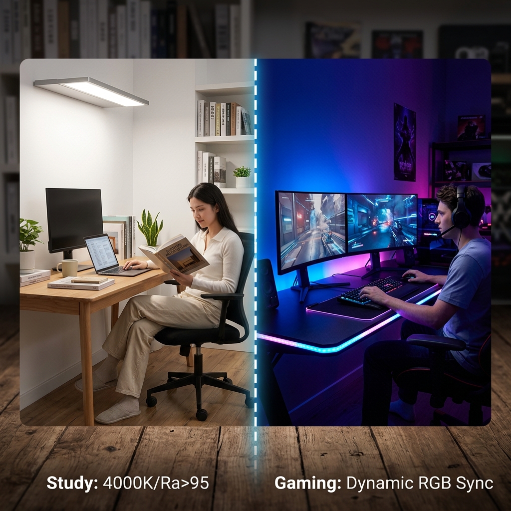 CCT灯在家庭书房(4000K, Ra>95)和RGB灯在高端电竞房(动态同步)的应用场景对比图。