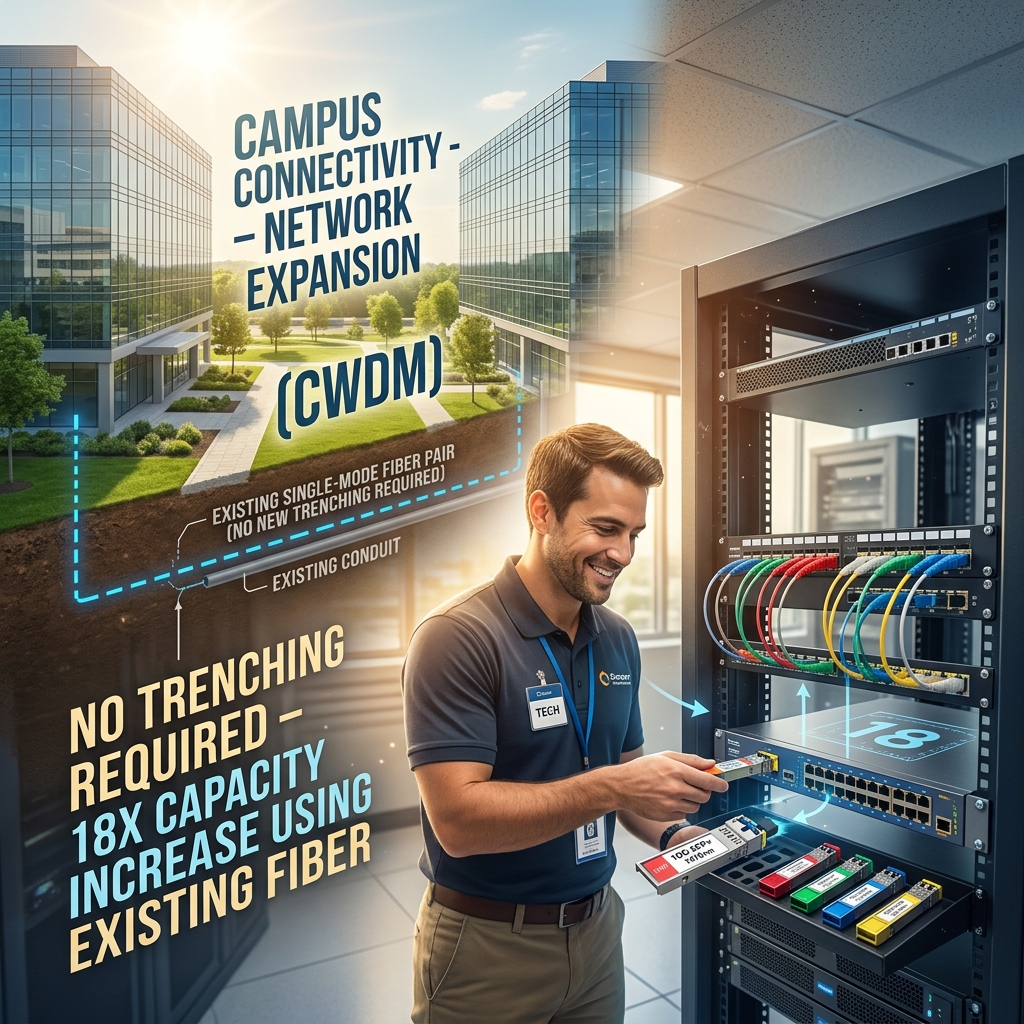 CWDM彩光传输在企业园区互联中的实际应用图，展示无需挖沟、通过现有光纤提升网络容量的解决方案