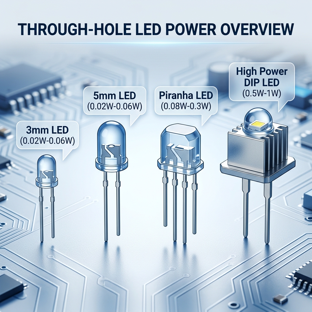 不同类型直插灯珠功率范围示意图，展示了3mm/5mm、食人鱼和大功率直插LED灯珠及其对应的常见功率范围（0.02W-0.06W，0.08W-0.3W，0.5W-1W）。