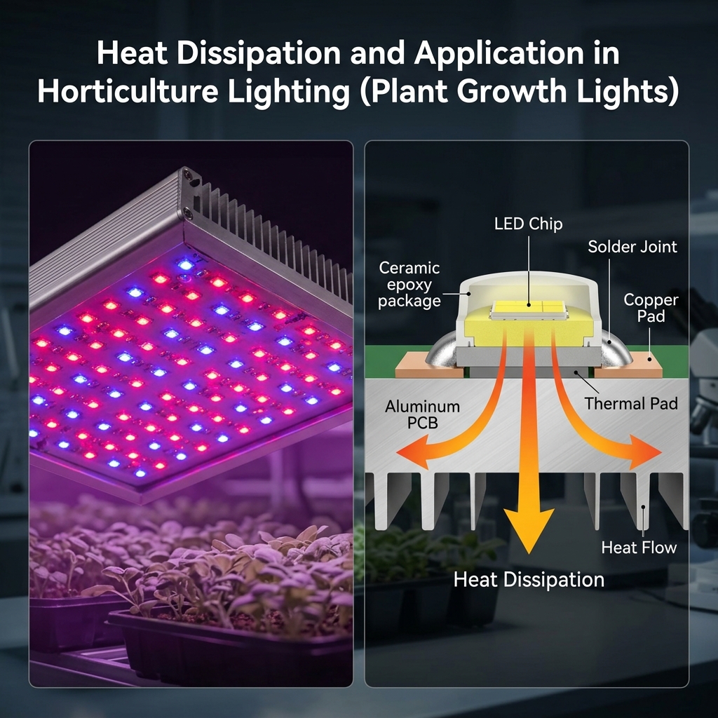 3535灯珠在植物照明中的应用场景，并剖面示意其焊接在铝基板上的散热结构与热量流向，强调热管理对长期稳定性的重要性。