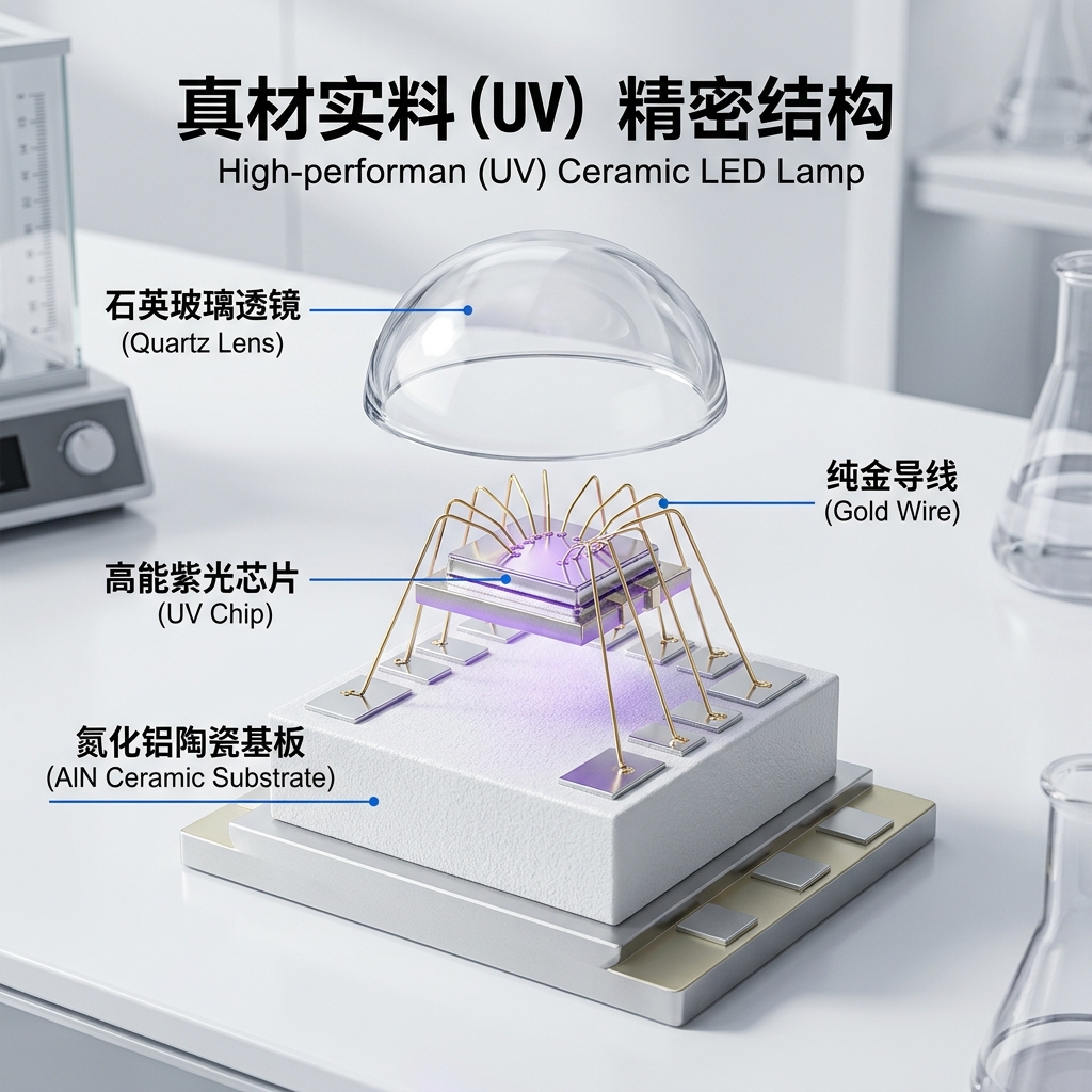 紫光陶瓷灯珠的3D拆解示意图，清晰展示其氮化铝陶瓷基板、氮化镓发光芯片、纯金导线和石英玻璃透镜等精密内部结构。