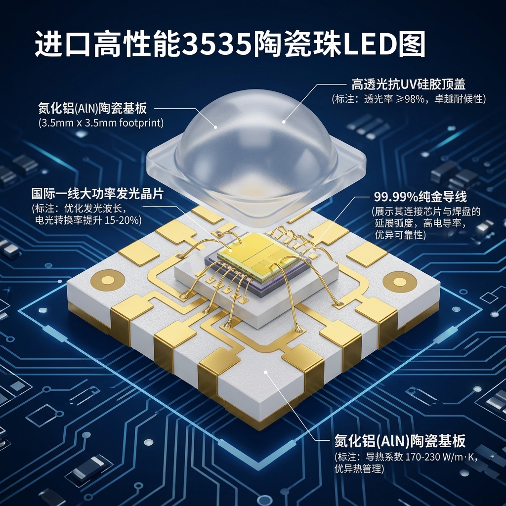 进口芯片陶瓷灯珠的精密3D拆解示意图，展示其国际一线发光晶片、氮化铝陶瓷基板、纯金导线和抗UV硅胶的底层材料架构。
