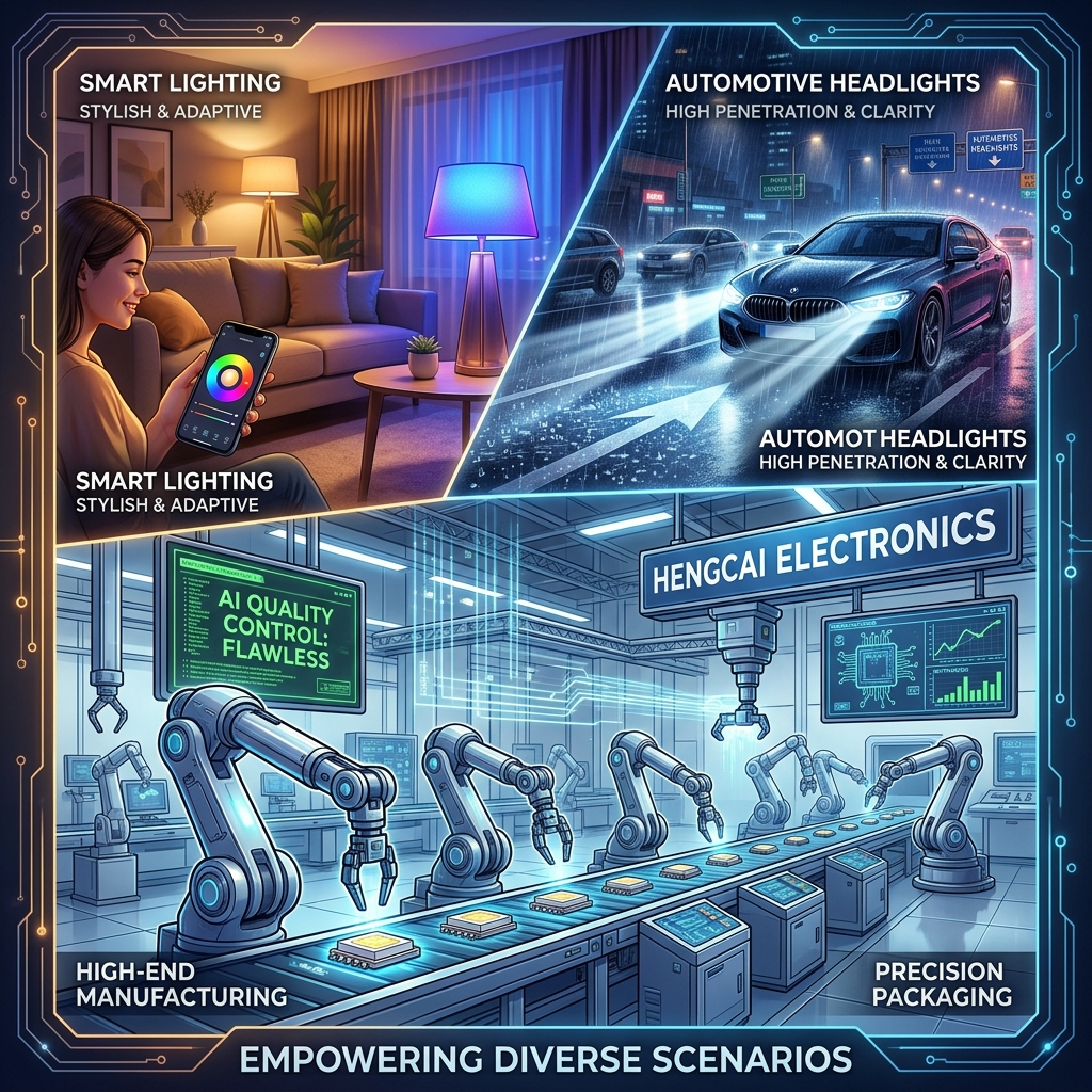 小功率陶瓷灯珠的广泛应用场景图,包括智能家居照明、汽车高穿透力车灯,以及恒彩电子采用AI技术进行质量控制的现代化全自动生产线,赋能多元化科技产品。