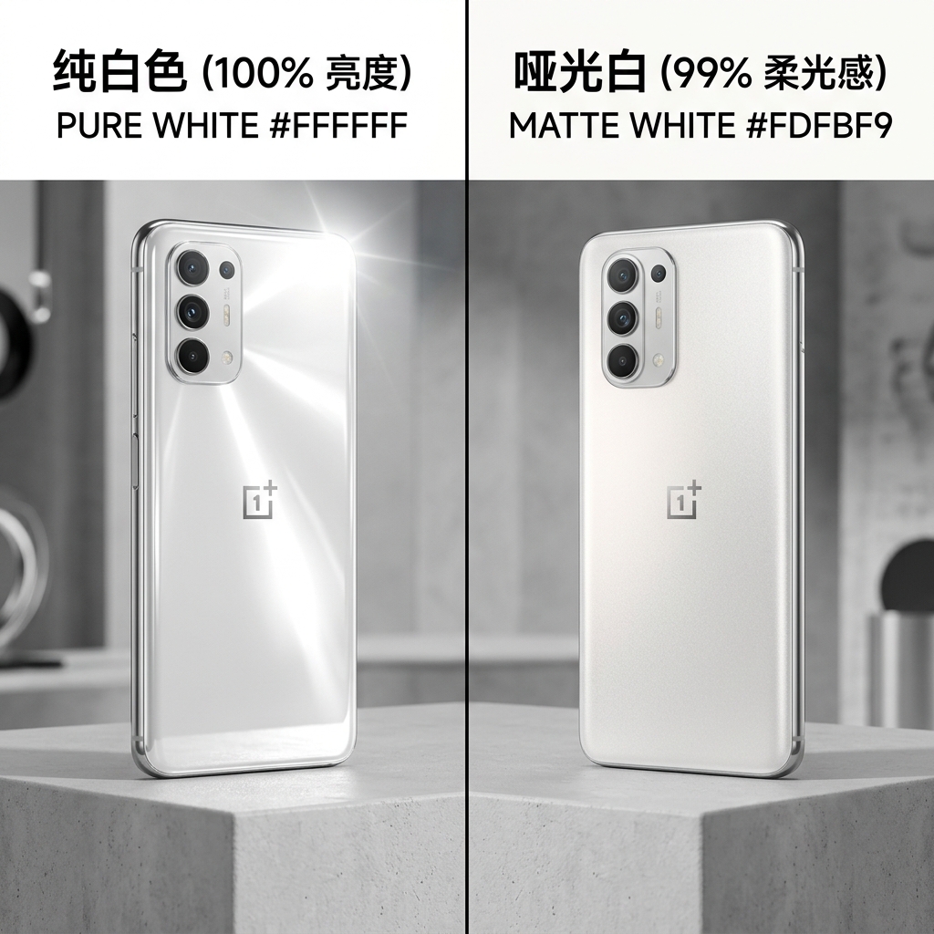 纯白与哑光白视觉对比，左侧纯白反光刺眼，右侧哑光白柔和有质感，对比展示哑光白的视觉优势