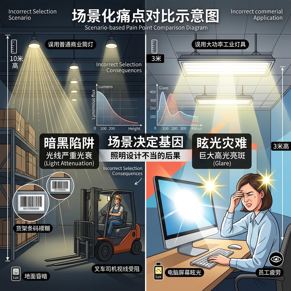 照明选型错误导致的场景痛点：左侧10米高仓库误用筒灯造成光衰昏暗，右侧3米办公室误用高棚灯导致眩光刺眼。