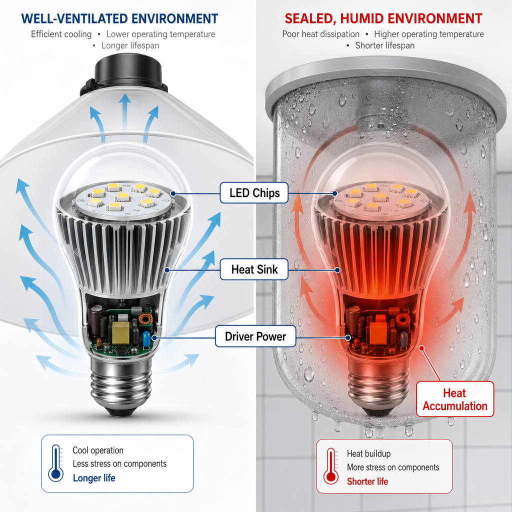 LED灯泡内部结构剖面图，突出驱动电源、散热结构和LED芯片，并对比开放与密闭潮湿环境中的热量堆积对寿命的影响