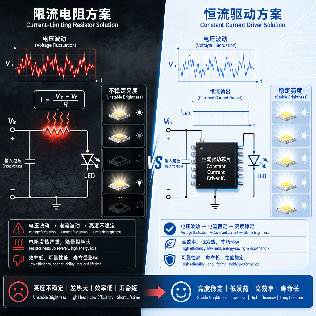限流电阻与恒流驱动方案在电压波动下的亮度表现对比。左侧为限流电阻方案，输入电压波动导致LED亮度不稳定并伴有电阻发热；右侧为恒流驱动方案，尽管输入电压波动，LED仍能保持恒定电流输出和稳定亮度。
