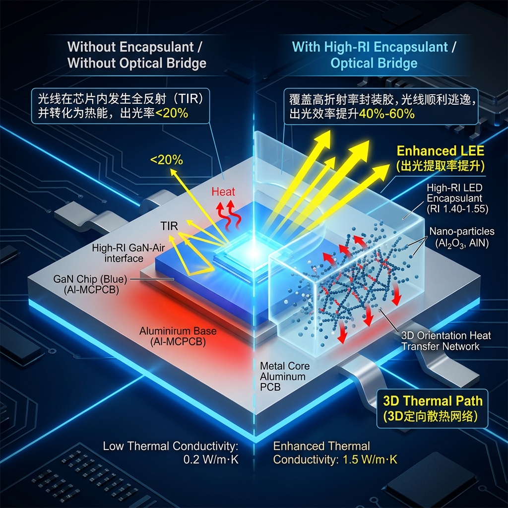 LED封装胶光学折射与热传导原理示意图：无胶全反射与胶体增强出光及定向散热网络对比