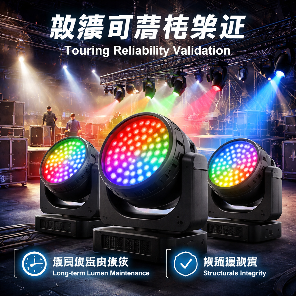 巡演场景中舞台灯光陶瓷灯珠的可靠性验证，在繁忙的装卸运输后，灯具仍能保持长期光通量维持和结构稳定性，无死灯或亮度不均现象。