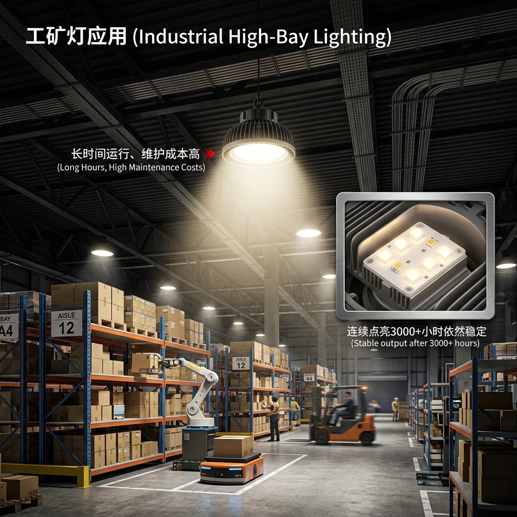 双芯集成陶瓷灯珠在现代化工业厂房工矿灯中的应用实景，展示其高亮度与长期稳定运行能力