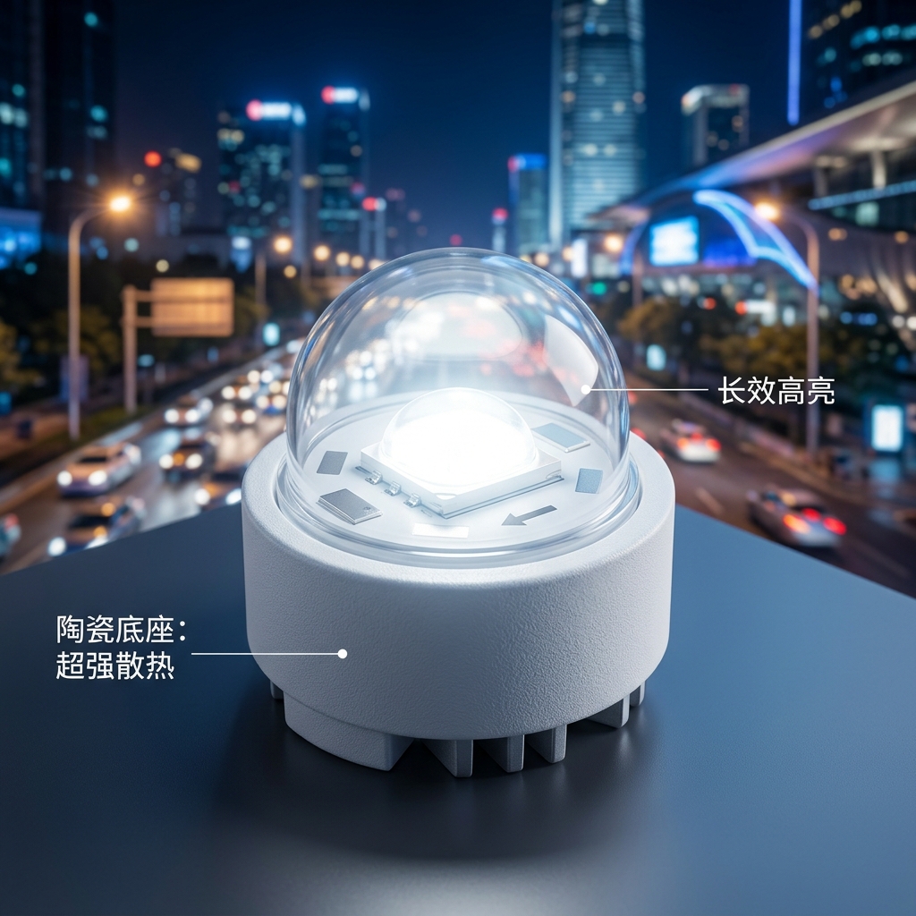 户外陶瓷灯珠特写,展示其陶瓷底座的超强散热和长效高亮特性,背景为城市夜景,暗示其广泛应用。