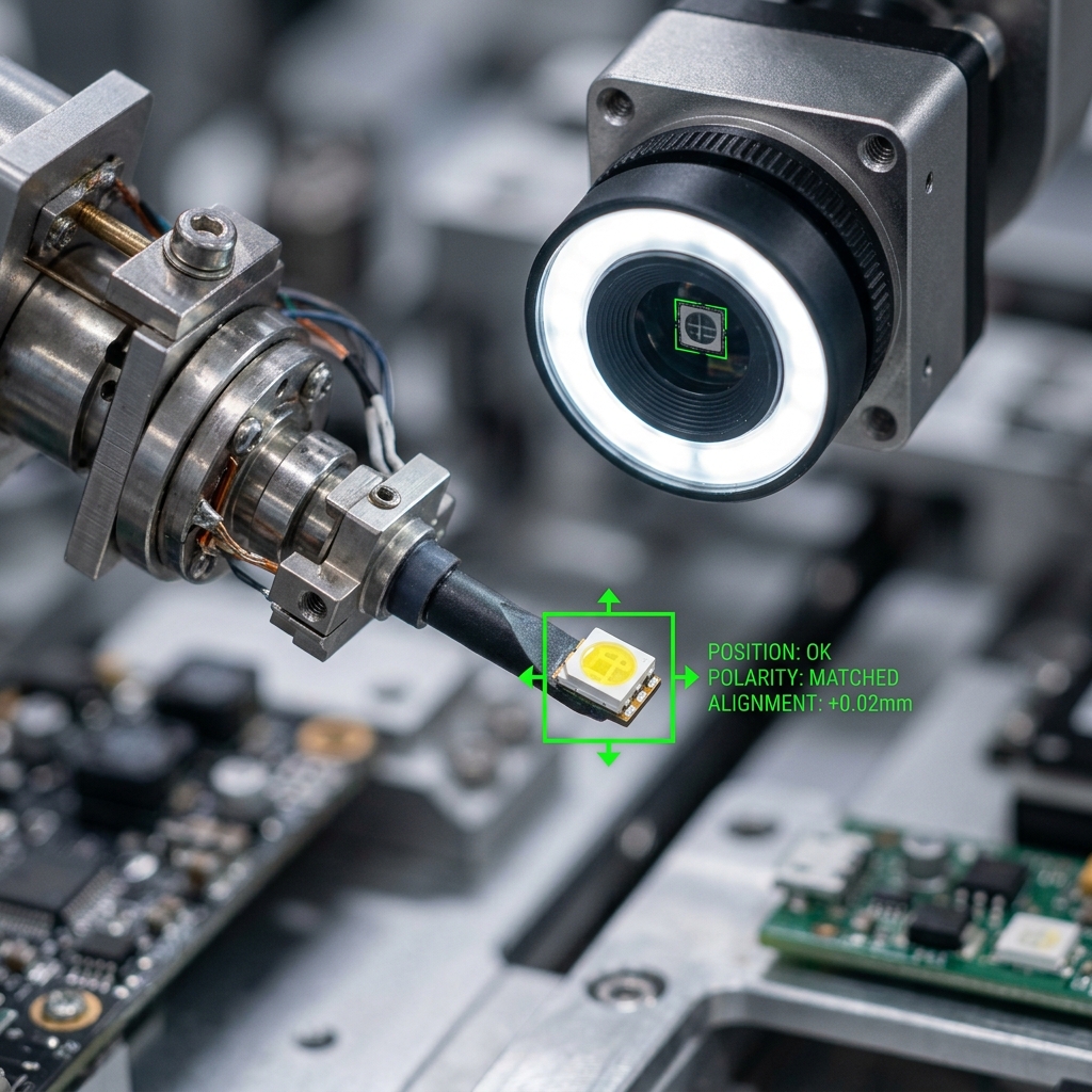 插灯珠机器人的视觉识别系统和真空吸嘴特写，展示5050 RGB灯珠的精确抓取、定位与方向检测。