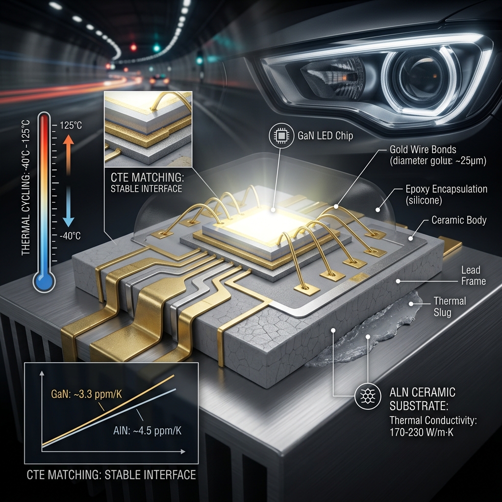 陶瓷封装LED的3D剖面图，展示GaN芯片通过纯金导线固晶于氮化铝基板，强调其与芯片完美匹配的热膨胀系数，确保在-40℃至125℃冷热循环下的稳定性，并标注导热率高达170-230 W/m·K，适用于汽车大灯等极端环境。