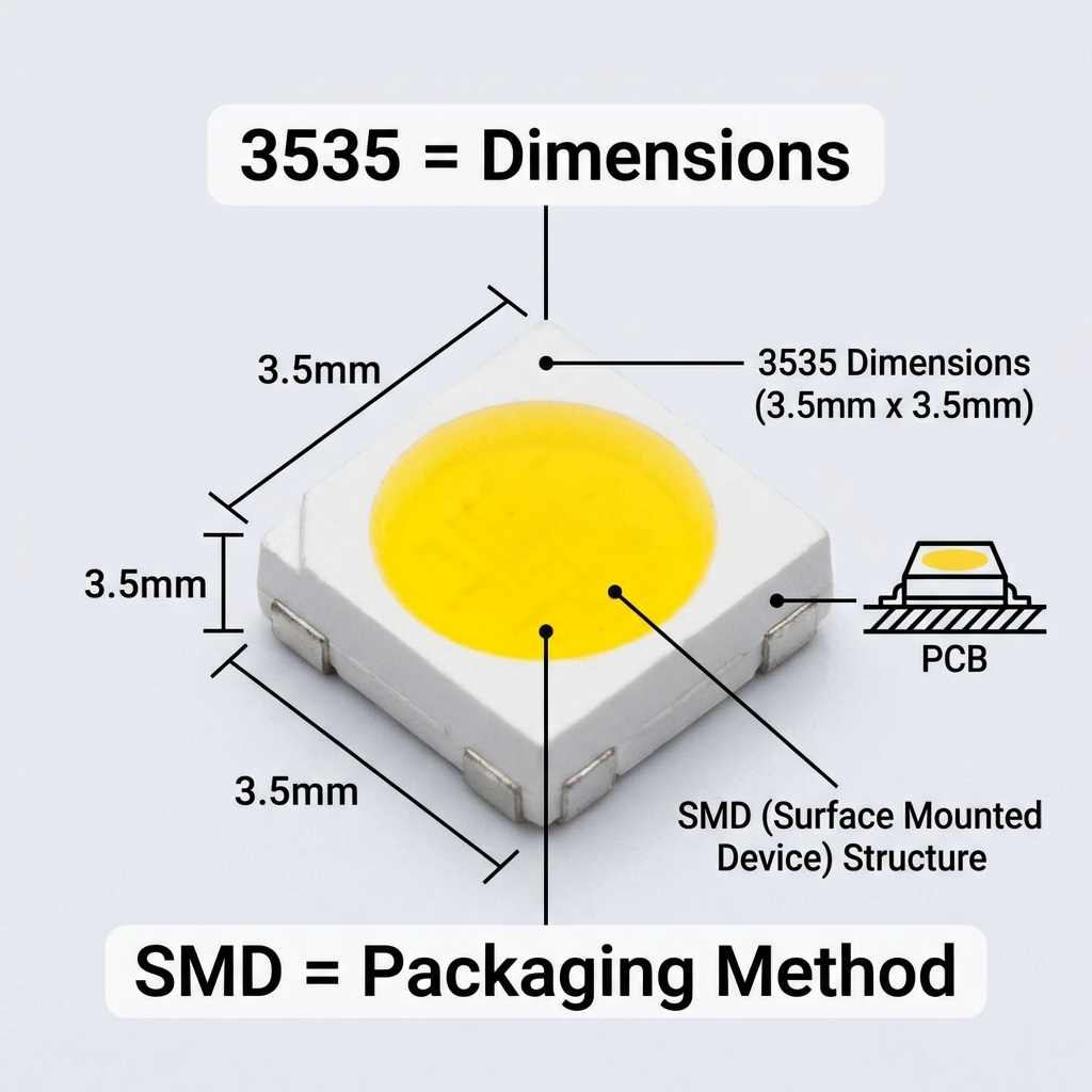 3535 SMD灯珠微距特写，清晰展示3.5mm x 3.5mm尺寸与SMD表面贴装结构，解释尺寸规格与封装方式。