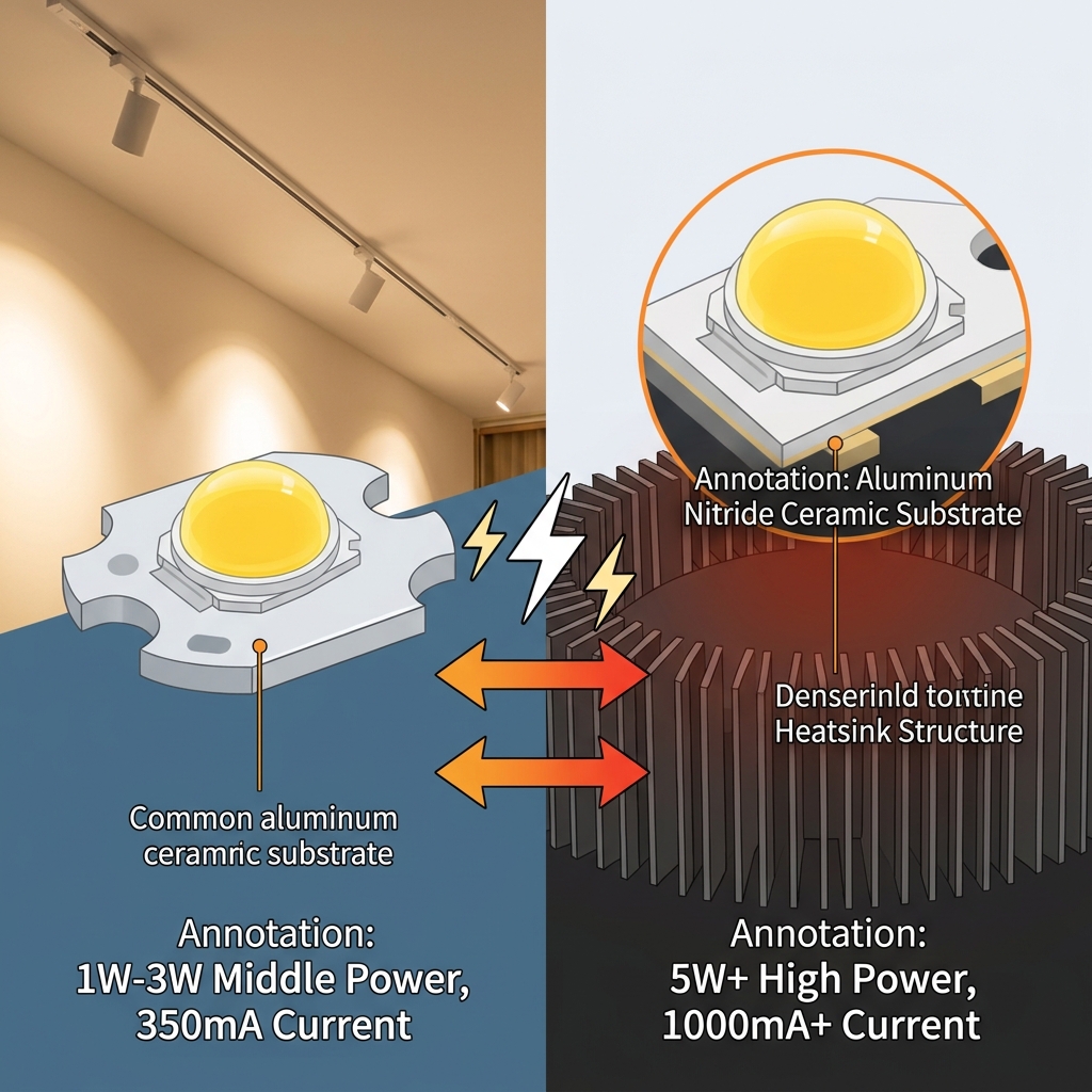 3535 LED不同功率下的散热与电流对比图，左侧显示1W-3W中功率（铝基板，350mA），右侧显示5W+高功率（氮化铝陶瓷基板，1000mA+），强调散热材料差异。
