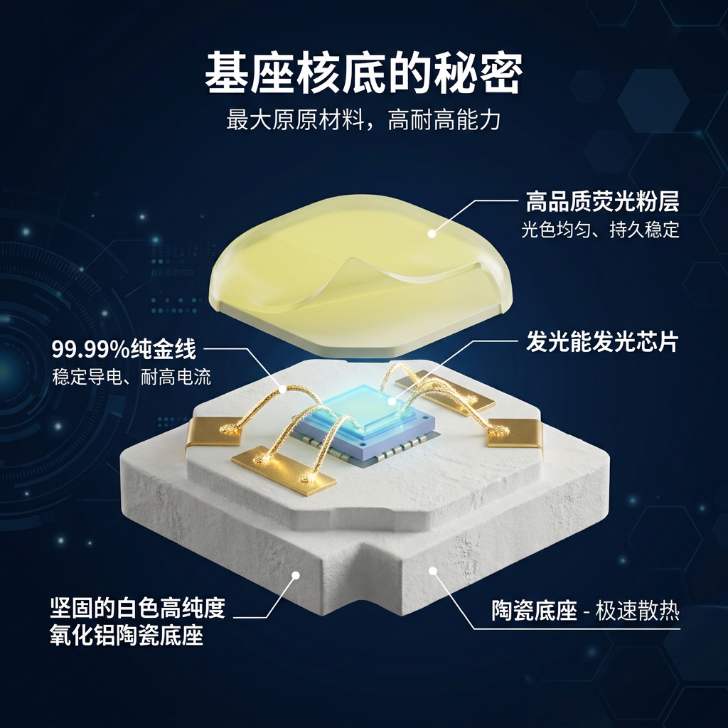 正白光陶瓷灯珠的3D结构拆解示意图，展示高纯度氧化铝陶瓷底座、发光芯片、99.99%纯金线和高品质荧光粉层