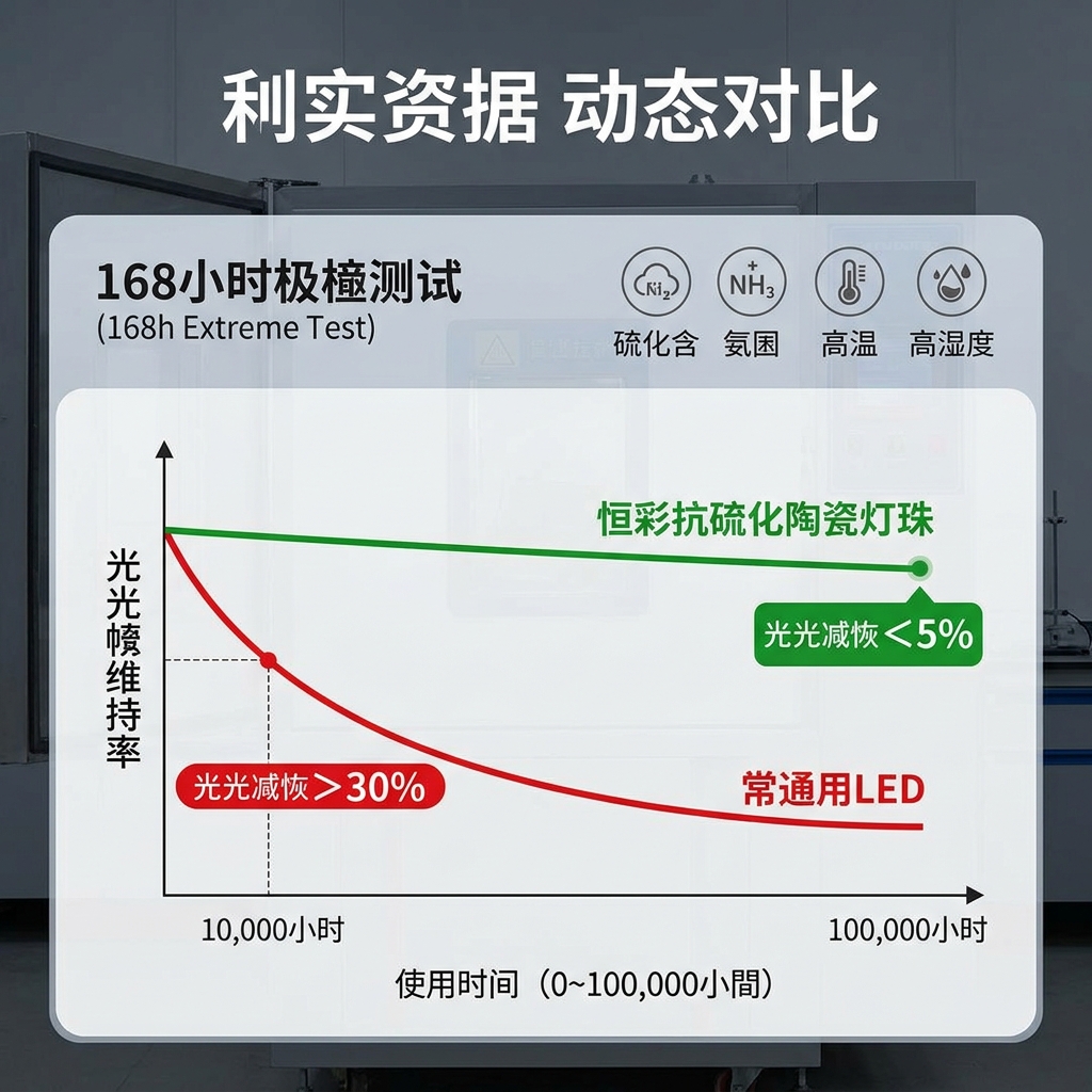 抗硫化陶瓷灯珠与普通LED灯珠性能对比图:展示在168小时硫化气体极端测试和10万小时长期寿命测试中,陶瓷灯珠光衰小于5%,远优于普通LED灯珠光衰超过30%的表现。