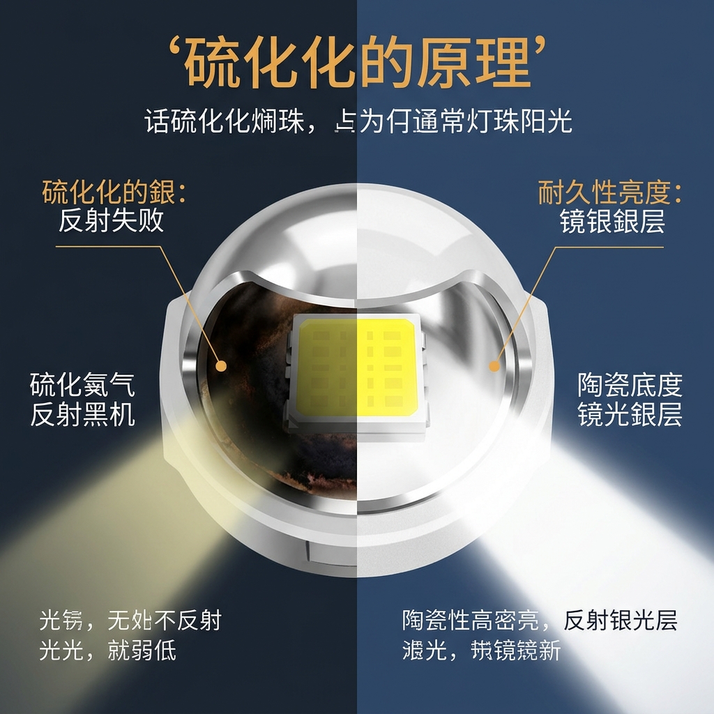 图解LED灯珠硫化原理:普通灯珠内部银层受硫化气体腐蚀变黑(硫化银),导致反光失效、亮度衰减;而陶瓷灯珠内部银层保持光亮如镜,光效持久。